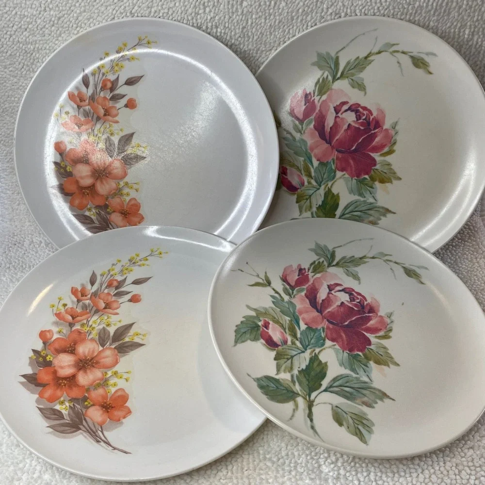 Vintage Mar-Crest Melmac Dinner Plates Set of 4 Floral Rose Orange Chicago USA‎